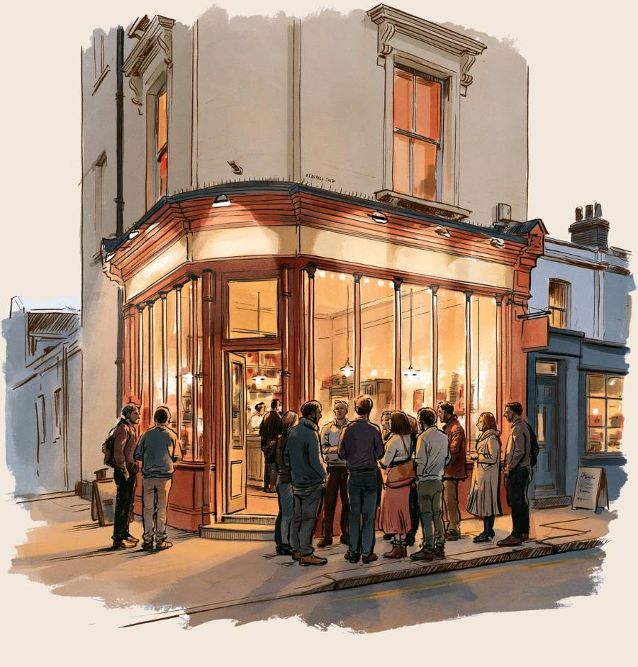 A cosy corner shop lit up at dusk with neighbours gathered outside